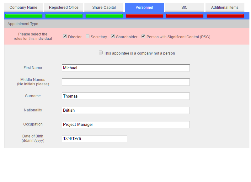 Completing the details for the new Director, Secretary or Shareholder