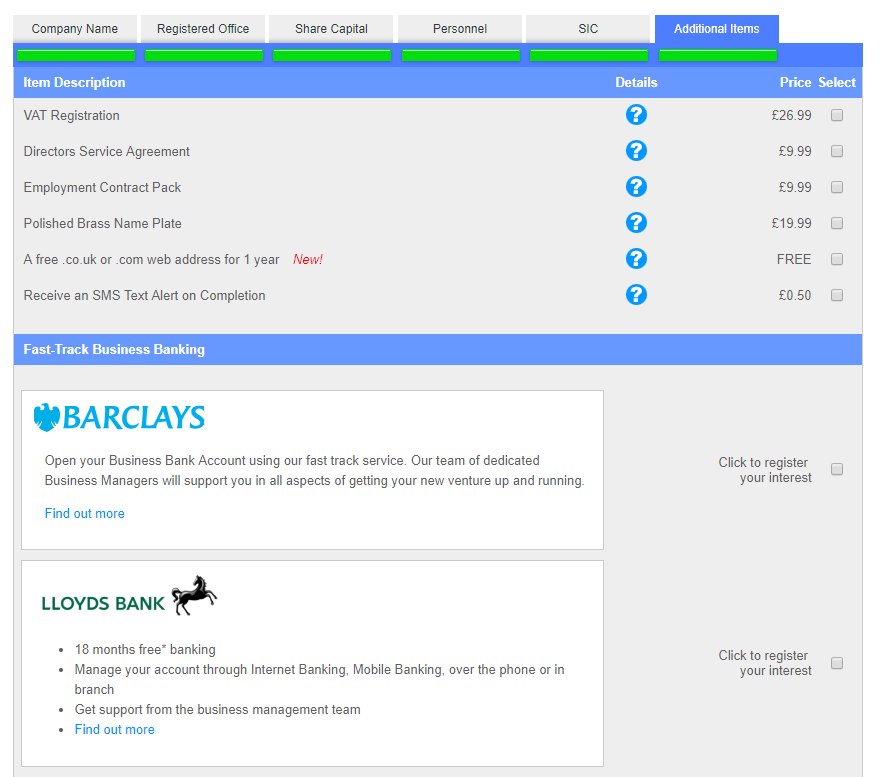 Select from a range of value added products and services to go with your Company Formation