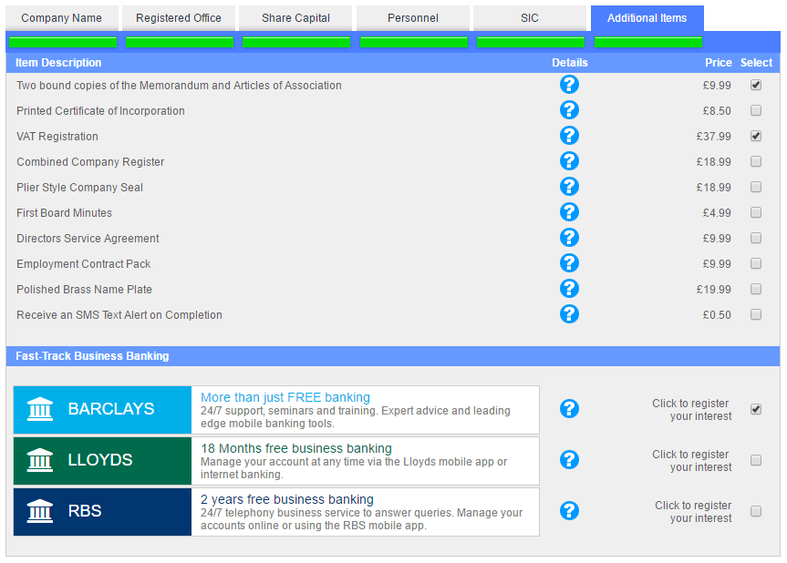 Select from a range of value added products and services to go with your Company Formation